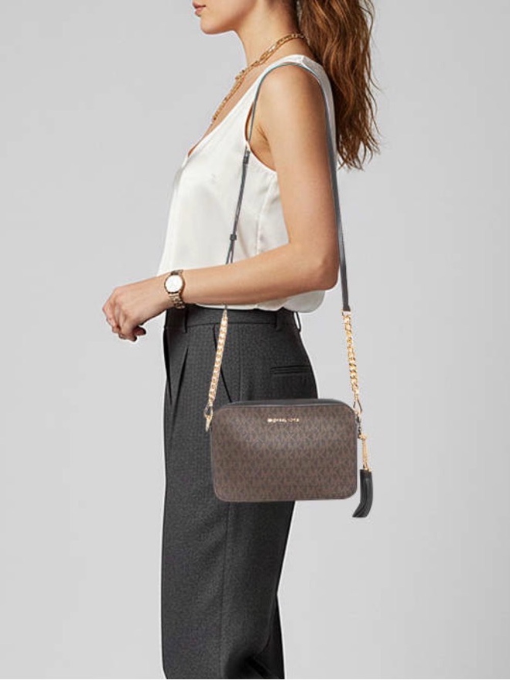 Michael Kors Jet Set Bag Small Brown Logo Monogram Purse Gold Chain Black Tassel